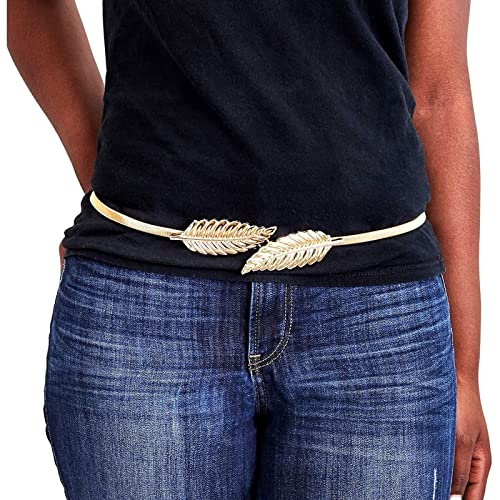 Juvale Women Belts for Dresses - 4-Pack Skinny Stretch Metallic Waist Belts - Medium 27-27.5 In Waist Extends to 40 In - Leaf & Rose Pattern - Gold & Silver4