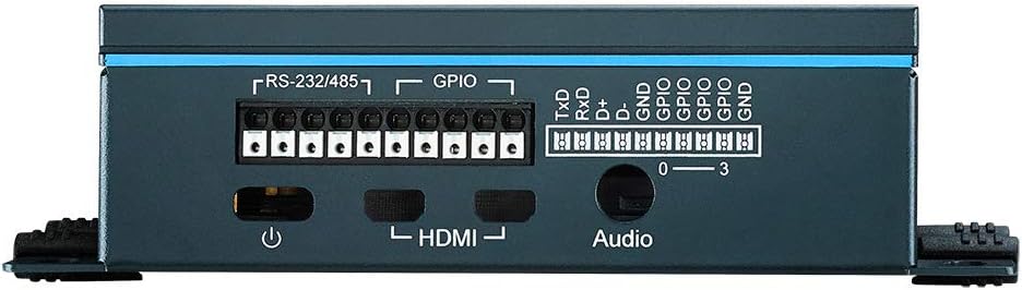 Rear view of the ADVANTECH UNO-220-P4N1AE showing RS-232/485, GPIO, HDMI, and audio ports.