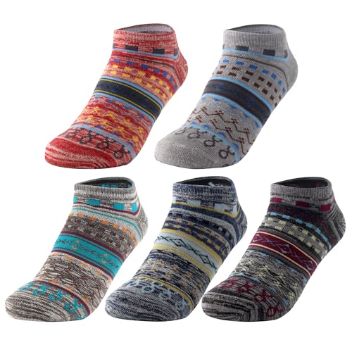 Womens Ankle Socks Breathable Cotton Blend – Soft Stretchy No-Slip Fit, Seamless Toe, Ethnic Jacquard Design, Cozy Daily & Travel Socks, Fits US 6–11 5 Pairs