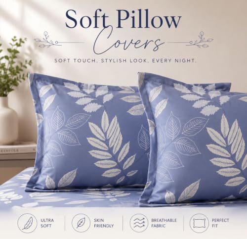 Image of BSB HOME 210 TC Cotton Feel Double Bedsheet with 2 Pillow Covers, Soft & Breathable Floral Printed Bed Sheet, Easy Care Bedding for Bedroom - 86 x 88 Inches (218 x 224 cm) (Periwinkle Blue)