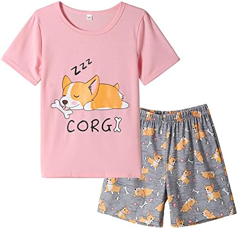 Vopmocld Big Girls Summer Short Sleeve Pajama Sets Cute Corgi Patterns Sleepwear Nighty 100% Cotton, Corgi, 7 Years