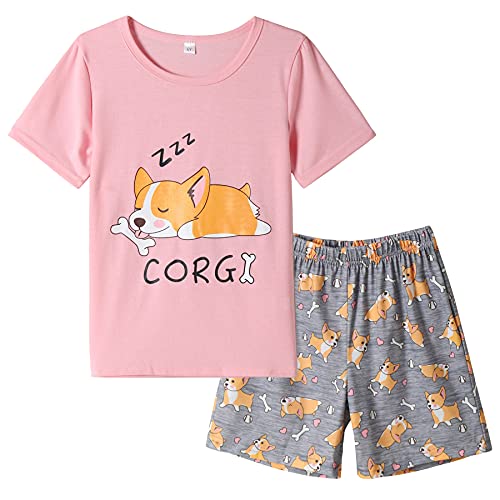 Vopmocld Big Girls Summer Short Sleeve Pajama Sets Cute Corgi Patterns Sleepwear Nighty 100% Cotton, Corgi, 7 Years #TOP16