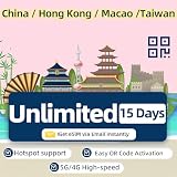 Prepaid eSIM for Mainland China, Hong Kong, Macau, Taiwan | 15-Day Unlimited | Get QR Code Instantly | 4G LTE High-Speed Network | No VPN Required | Hotspot Allow| No-Contract for Unlocked Phones