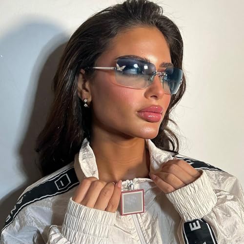 Rimless Y2K Sunglasses for Women Men Fashion Wrap Around Sunglasses Tinted Lens 2000s Sun Glasses Shades Butterfly3