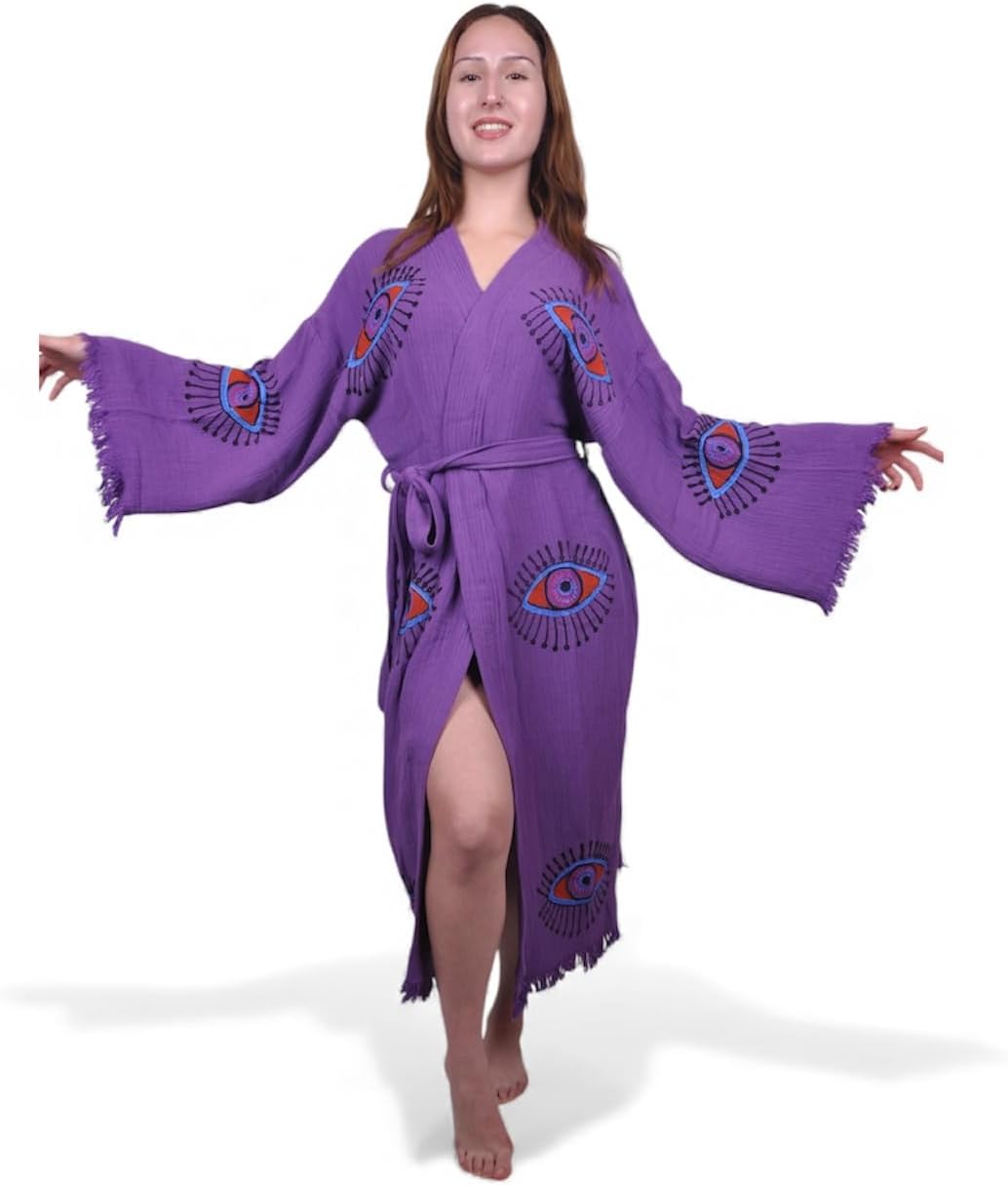 Purple Evil Eye Robe - Turkish Cotton Spa Robe - Handmade Festival Women Kimono - Boho Long Cardigan - Dressing Gown - Image 4