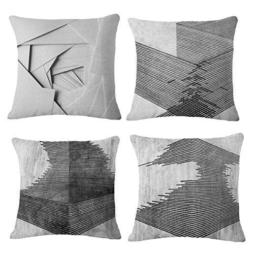 MOCOFO 4er Set Dekorativ Kissenbezug 3D Geometrische Muster 45 x 45cm Sofa Büro Dekor Kissenhülle aus Baumwoll und Leinen, Schwarz und Beige Cover