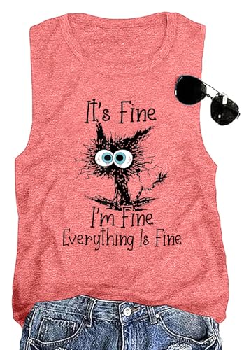 It's Fine I'm Fine Everything is Fine Funny Cat Printed Tank Top for Women Sleeveless Tee Pink M