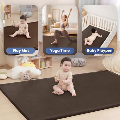 Image of Extra Large 79 inchx118 inch Baby Activity Play Mat for Floor, 1.3 inch Thick Elasti Foam for Tummy Time & Crawling, Non-Slip Nursery Rug for Infants, Toddlers & Kids, Tatami Style Mat for Yoga, Living Room, Classroom & Playroom(Dark Brown)