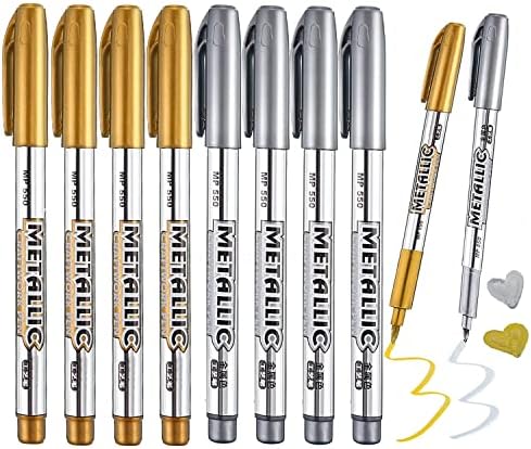Uhat Pack 8pcs Metallic Paint Pens Gold & Silver Metallic Permanent Crafts Pens Suitable for Card Making Painting Glass Metal Wood Black Paper DIY Scrapbooking Crafts (Gold + Silver)