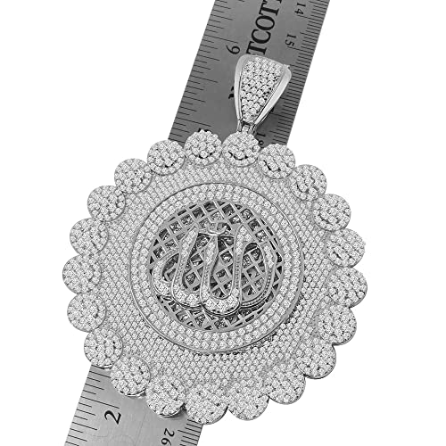 88+ Grams Real Genuine Sterling Silver 12.00 Ctw. Simulated Diamond Allah God Muslim Pendant Charm Medallion Custom Piece Big Xl Jumbo 3.75'' (White Gold Finish) #TOP2