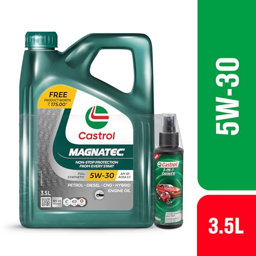 Image of Castrol MAGNATEC 5W-30 - Full Synthetic Engine Oil for Petrol, Diesel, CNG and Hybrid Cars (3.5L) & Castrol 3-IN-1 SHINER for Cars and Bikes (100ML) - Combo Pack