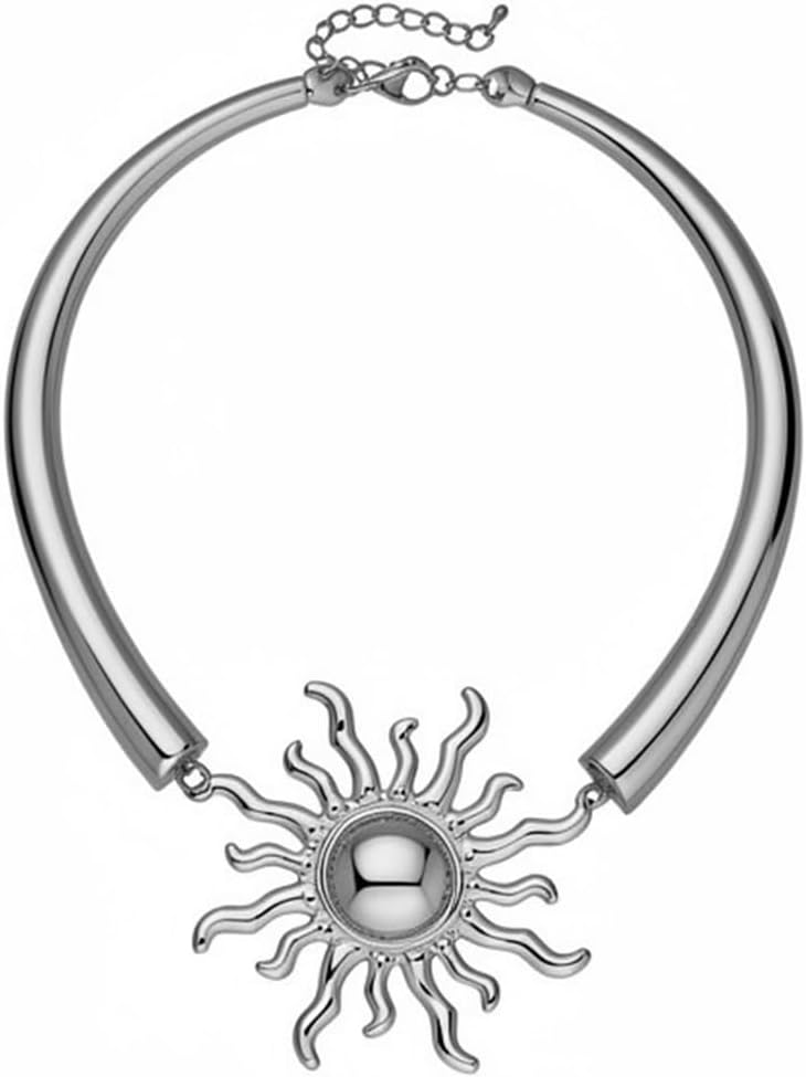 Gold Silver Chunky Sunburst Pendant Collar Necklace for Women Adjustable Polished Smooth Metal Torque Choker Bold Statement Trendy Vintage Jewelry