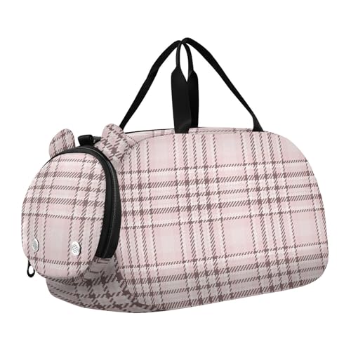 Rose Pink Plaid Kids Travel Duffel Bag for Boys Girls Overnight Weekend Tote Bag with Shoes Compartment for Beach Swim Trip