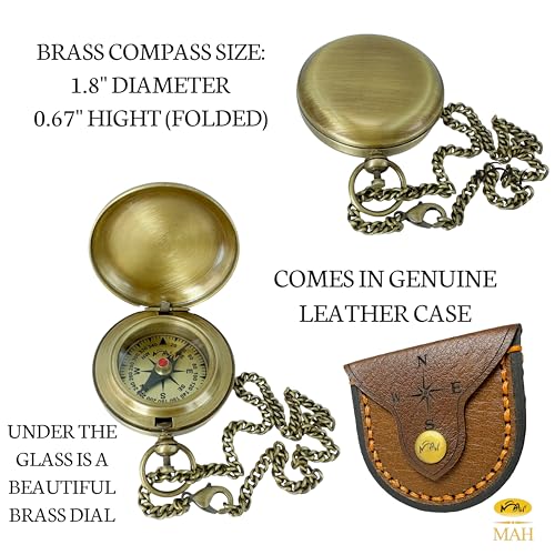 Antique Brass Compass with Chain & Hand Stitched Leather Case Personalized Rustic Nautical Keepsake Gift for Best Man Groomsmen Wedding Travel Hiking Camping Navigation Memory Token Classic Style
