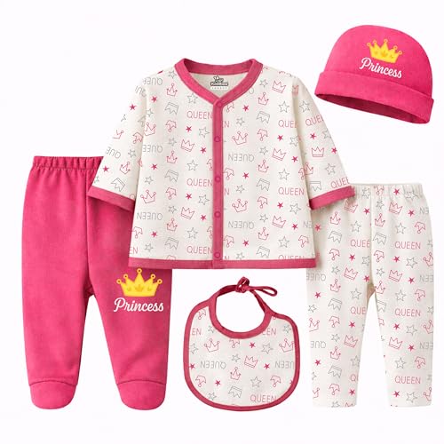 Image of Kidbee Baby Clothing Gift Set for Boys & Girls, 5 Piece Newborn Clothing Combo with Front Open Top, Pajama, Printed Pant, Cap & Bib, Soft Cotton, 0-6 Months Baby