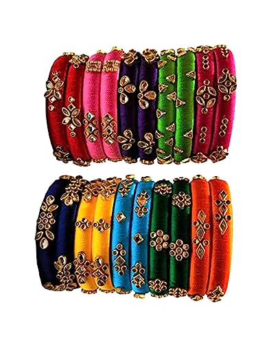 Image of Blue jays hub Silk Thread Bangles New kundan Style Multi color Set Of 20 for Women /Girls