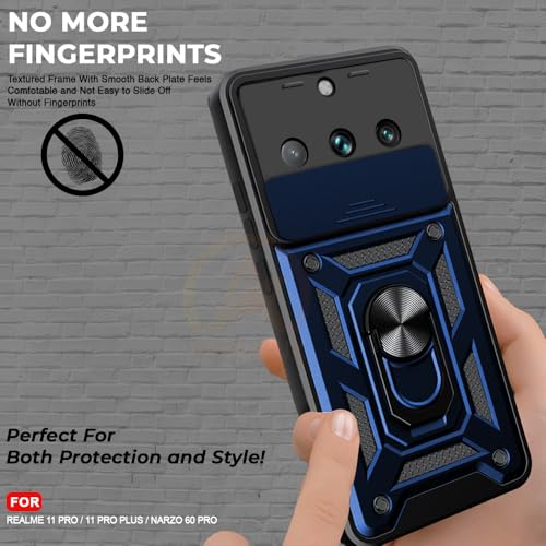Image of Armor Bumper Back Cover Case for Realme 11 Pro /Pro Plus /Narzo 60 Pro Rotating Camera Cover, Ring Holder & Kickstand | Heavy Duty & 360 Degree Protection Back Cover (Blue)