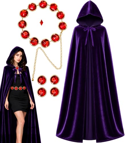 Image of Halloween Costume for Women Purple Hooded Cape with Gem Wasit Belt