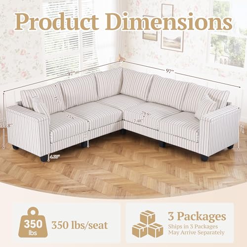 Image of 97 inch Stripe Pattern Sectional Corner Sofa with Storage Armrests & 2 Pillows, Oversized Modular Couch V-Shape Sofa Upholstered L-Shape Couch 5-Seat Sectional for Living Room, Apartment, Bedroom
