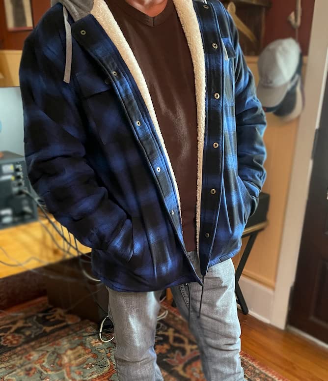COEVALS CLUB Men's Flannel Fleece Sherpa Quilted Lined Plaid Snap Work Shirt Hoodie Jacket photo review