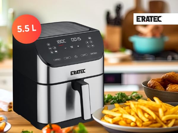 ERATEC AF-66 Freidora de aire caliente XXL 5,5 L 1500W Air Fryer sin aceite Freidora de aire caliente con pantalla LED táctil y 10 programas preestablecidos, función de temporizador para sus platos