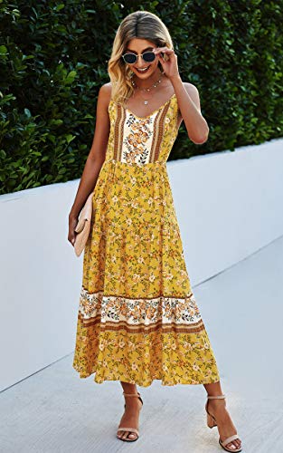 Image of Angashion Women's Dresses Floral Adjustable Spaghetti Strap V Neck Boho Long Maxi Dress Summer Beach Flowy Ethnic Sundress