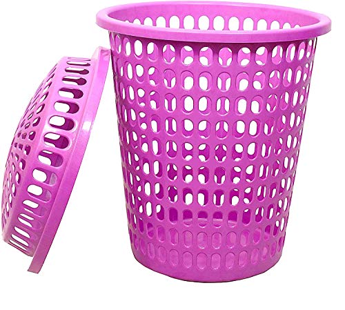 Image of Plastic Laundry Basket With Lid Big Size For Clothes 50 Litre Hamper Bag Dress Storage Toys Organiser Cover Combo With Cap Heavy Duty Round Shape (2 Pcs, Pink)