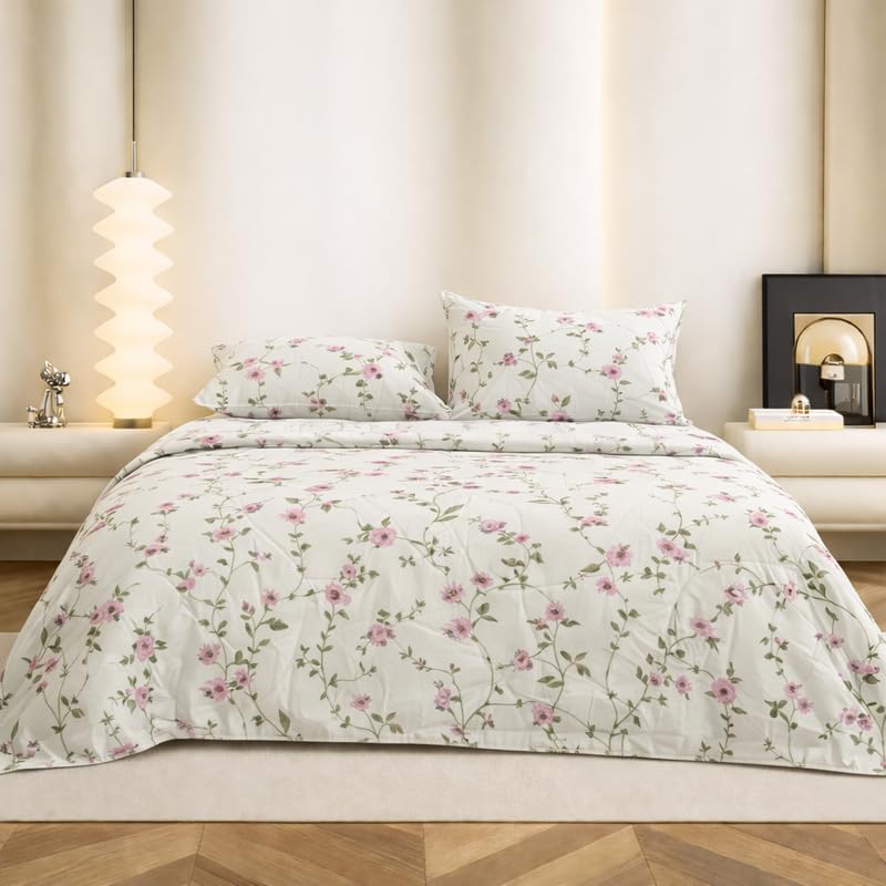 Super King Size Bedsheet | Cotton Flat Sheet Skin Friendly with Two Pillow Covers| 300 TC | Super Soft Bed Sheet for Double Bed | Floral Design (272 x 272 cm, Pink Vine Ivory)
