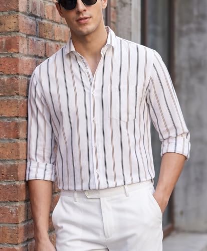 Image of IndoPrimo Men's White Striped Slim Fit Casual Shirt | Premium Cotton Full Sleeve Button-Down Shirt with Chest Pocket | Stylish Office