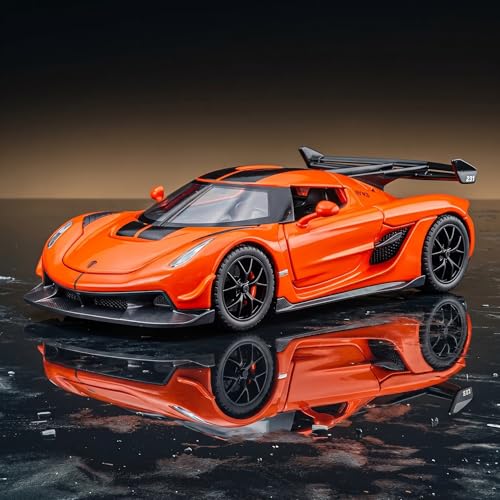 Image of 1:32 Scale Koenigsegg Jesko Model Super Car - Exclusive Alloy Metal Pullback Toy with Openable Doors, Lights, and Music for Kids (Orange)