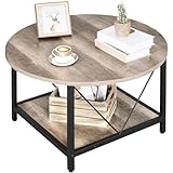 YITAHOME Round Coffee Table,Rustic Wood Coffee Tables for Living Room with Storage Shelf, Modern Farmhouse Circle Coffee Table Center Sofa Table with Sturdy Metal Legs Home Patio Furniture, Grey Wash