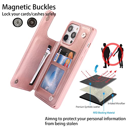 Image of Cavor for iPhone 14 Pro Case with Card Holder,for iPhone 14 Pro Wallet Case for Women Men,Phone Case for iPhone 14 pro with Stand Credit Card Holder, Leather Strap Shockproof Cover- Rose Gold