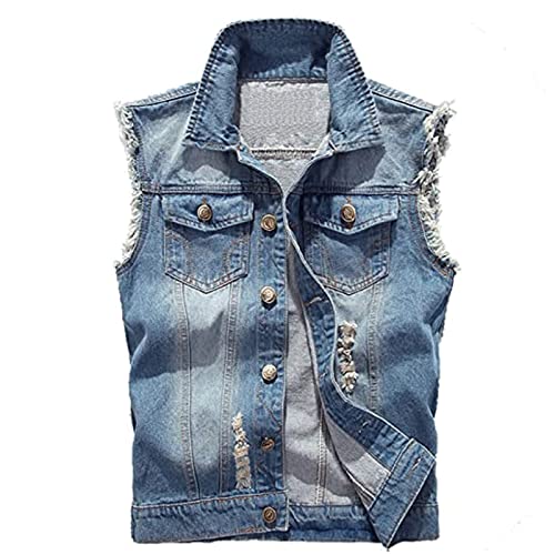 SADWF Herren Denimweste, Zerrissene Retro-Jeansweste Ärmellos, Jacke, Weste, Rock Punk Weste, Cowboy (Color : Blue, Size : XXL) Cover