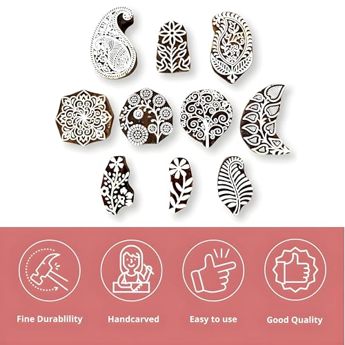 Image of RENIQ Wooden Printing Block for Fabric & DIY Craft | Handcrafted Indian Design Stamp for Textile, Pottery, Mehndi & Home Decor (Multicolor9)