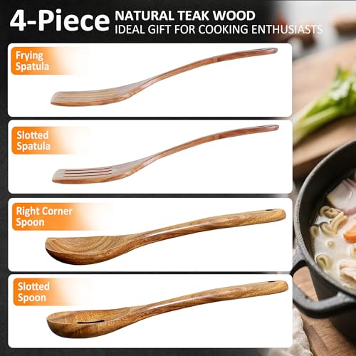 Image of Wooden Spoons for Cooking, 4 Piece Teak Cooking Utensils Set | Natural Premium Teak, Large Kitchen Wooden Spoons, Cooking Gifts