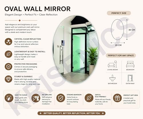 Image of Oval Shape Adhesive Mirror Sticker for wall on Tiles Bathroom Bedroom Living Room Basin Mirror Bathroom Wall Mirror Stickers Unbreakable Plastic wall Mirror 20 * 30