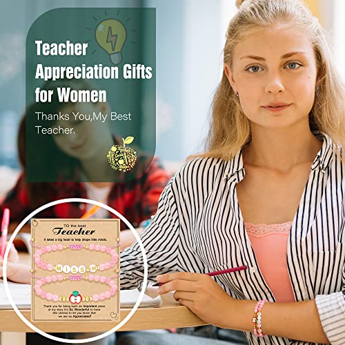 Teacher Appreciation Bracelet Gifts for Women Initial Beaded Bracelets Back to School Thank You Teacher Gifts 2pcs Link Bracelet New Teacher Graduation Gift Birthday Retirement Teachers' Day Jewelry