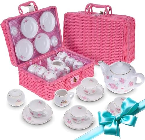Jewelkeeper Porcelain Tea Set for Little Girls with Pink Picnic Basket - 13 Pieces Mini Tea Party Set for Kids - Real Tea Cups, Teapot, and Saucers for Toddlers - Children Play Set - Floral Design