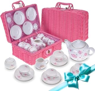 Jewelkeeper Porcelain Tea Set for Little Girls with Pink Picnic Basket - 13 Pieces Mini Tea Party Set for Kids - Real Tea Cups, Teapot, and Saucers for Toddlers - Children Play Set - Floral Design