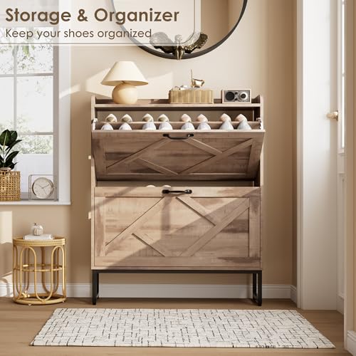 Image of Nicetree Shoe Cabinet with 2 Flip Drawers，Freestanding Shoe Storage Cabinet, Narrow Shoe Organizer Cabinet, Farmhouse Slim Shoe Rack Cabinet for Entryway,Toasted Oak