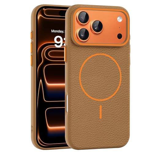 Image of Elzzi New Lychee Texture Magnetic Phone Case for iPhone 17 Pro Max Case, [Compatible with Mag-Safe] Anti Yellow Velvet Lined Premium PC+TPU Back Cover (Golden Brown)