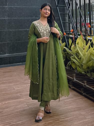 Image of VredeVogel Women's Silk Blend Embroidered Anarkali Kurta with Pant & Dupatta Set | Festive & Casual Women Ethnic Kurta Set for Women