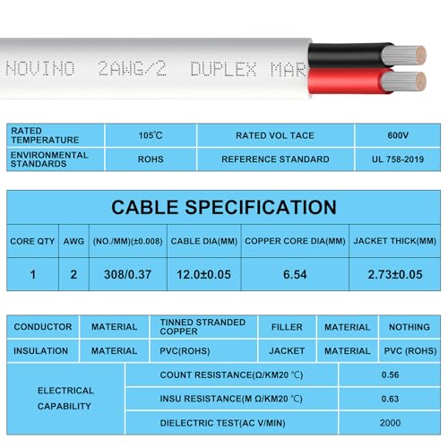 Image of 2 Gauge Marine Wire,2 AWG 10ft Duplex Marine Grade Wire Tinned Copper Heavy Duty Sheathed Cable for Boat /Automotive /RV /Camper /Trailer Outdoor Use