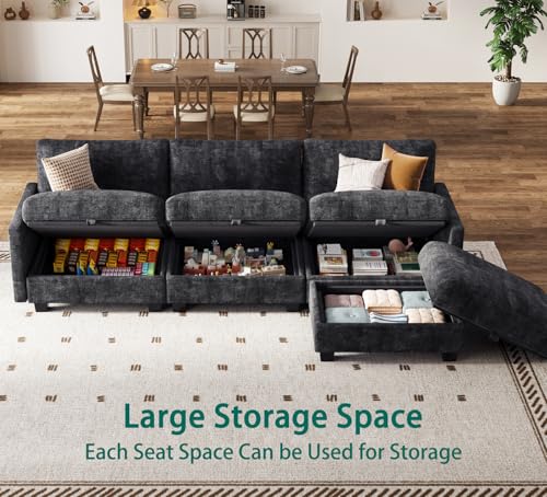 Image of Modular Sectional Sofa, 101 inch L Shaped Couch with Storage | High Resilience Foam, 22 inch Seat Depth, Movable Ottoman, Comfy Chenille, Easy Assembly, Black