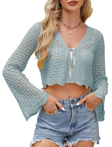 Image of Women's Soft Crochet Tie Front Cardigan Cropped Knit Bolero Shrug Summer Beach Cover Up Top