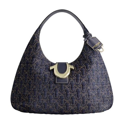 True Religion Quilted Denim Hobo Hand Bag, Large Horseshoe Stitch Shoulder Purse with Gold Hardware, Dark Denim2