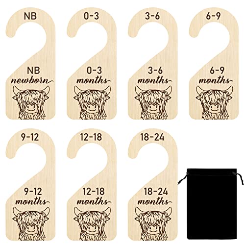 Image of R HORSE 8Pcs Highland Cow Baby Closet Dividers, Double Sided Baby Closet Organizers Nursery Hanger Dividers Wood Size Dividers for Boy Girl Birthday Christmas Gift (0-24 Months)