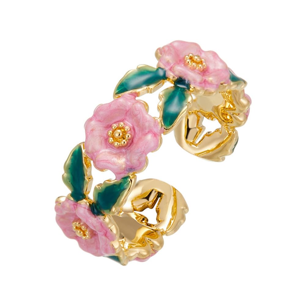 Kokoma Camellia Flower Open Statement Ring for Women Green Leaf Pink Enamel Daisy Stacking Rings Little Flower Promise Engagement Rings Fashion