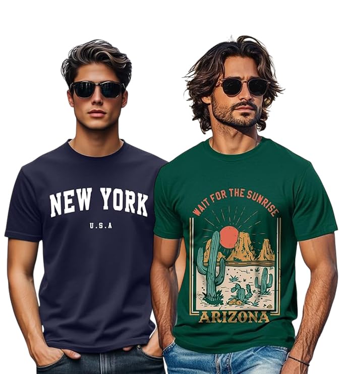 Image of Veirdo 100% Pure Cotton Regular Fit Cool & Trendy Front Printed Half Sleeve T-Shirt Combo for Men (Available Colors: Black, Navy, Swanwhite, White & Green)