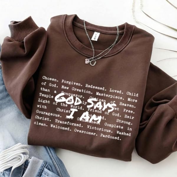 FITIN Unisex Faith-Based “God Says I Am” Graphic Crewneck Sweatshirt – Christian Inspirational Cozy Pullover